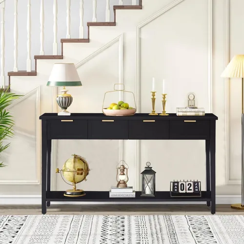 Miniatura 8 de Mesa consola con cajón, mesa de entrada larga estrecha con estante inferior para pasillo, entrada y sala de estar, color negro