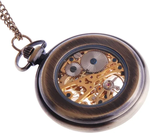 Miniatura 2 de ShoppeWatch Reloj de bolsillo mecánico de viento de mano estilo steampunk de cara abierta con cadena - PW12, Mecánico