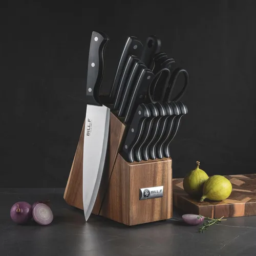 Miniatura 5 de Juego de cuchillos de cocina de madera para cocina con bloque de cuchillos de acero inoxidable, 16 piezas y tabla de cortar con ranura, asas negras