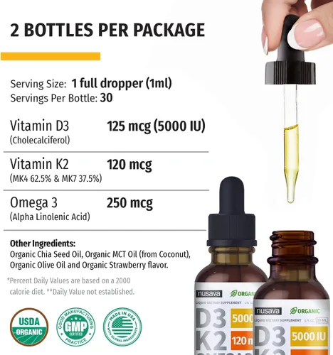 Miniatura 9 de NUSAVA Paquete de gotas líquidas D3 K2 con sabor a fresa y gotas líquidas D3 K2 con sabor a vainilla, potentes vitaminas líquidas para corazón
