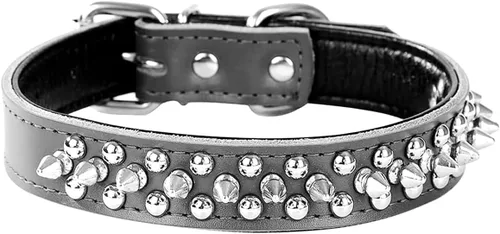 Miniatura 6 de Serijoars Collares ajustables de cuero genuino con tachuelas para mascotas pequeñas, medianas y grandes, Pit Bull, Bulldog, Pugs, Husky (M, morado)