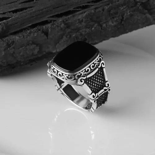 Miniatura 3 de 925 Sterling Silver Men Silver Ring with Onyx Stone, Handmade Engraved Black Onyx Gemstone Silver Ring, Gift for him, Minimalist Silver Ring