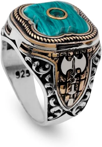 Handmade Vintage Malachite Ax Ring - 925 Sterling Silver Men's Ring with Micro Jade Gemstone - 925 Sterling Silver Rings for Men - Birthday Gifts
