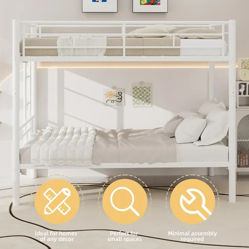 Miniatura 3 de GNIXUU Litera de metal individual sobre individual, literas modernas con escalera y barandilla de longitud completa, litera resistente para Blanco