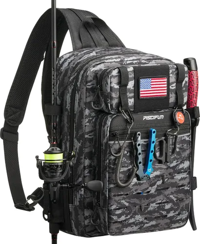 Miniatura 12 de Mochila Piscifun impermeable, de un solo hombro para almacenar los aparejos de pesca. Bolsa de correa cruzada multifuncional para camping, Doble