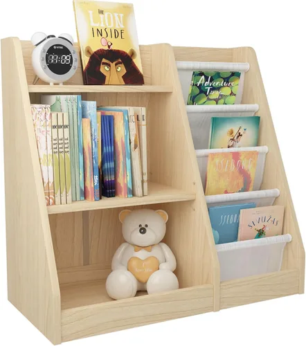 Miniatura 14 de Estantería de 4 niveles para niños de madera, estantería de cinco capas para libros de niños, estante de almacenamiento para bebés y niños pequeños