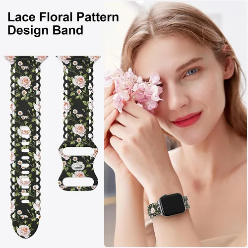 Miniatura 2 de Correa de encaje floral compatible con Apple Watch de 40mm 44mm 46mm 41mm 45mm 38mm 42mm 49mm, mujeres, correa deportiva de repuesto de silicona C