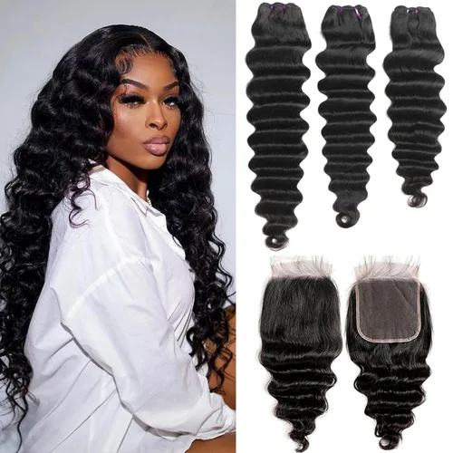 Miniatura 13 de Paquetes de cabello brasileño suelto de onda profunda con cierre, 3 paquetes y cierre de cabello humano de 10, 12, 14+10 pulgadas, 100% sin