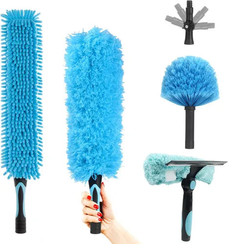 Kit de plumero para ventilador de techo, cabezales flexibles y de doble cara 5 en 1, plumeros lavables para techo alto, ventiladores, esquinas,