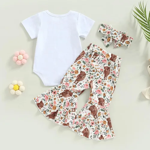 Miniatura 3 de Sejardin Ropa de verano para bebé y niña, recién nacida, manga corta, con letras, mameluco elástico con diadema