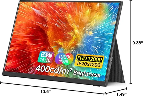 Miniatura 9 de MNN Monitor portátil de 14 pulgadas FHD 1920 * 1200P USB C HDMI Ultradelgado IPS para viajes con altavoces, HDR Plug&Play, monitor externo