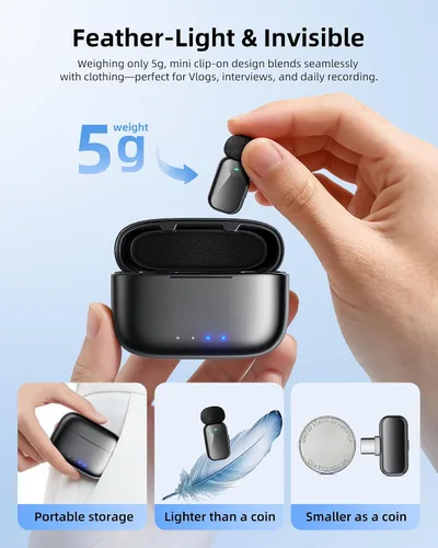 Miniatura 2 de Mini micrófono inalámbrico Lavalier para iPhone y cámara Android, micrófonos inalámbricos de doble canal con cancelación de ruido AI, rango de 328