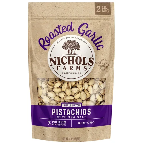 Nichols Farms Pistachos cultivados en California, InShell, paquetes de aperitivos ricos en nutrientes, ajo tostado, 2 libras