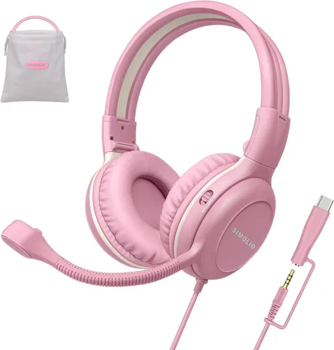 Miniatura 13 de SIMOLIO Audífonos para niños con micrófono para la escuela, auriculares con cable de 75/85/94 dB con micrófono retráctil para iPad, PC, laptop