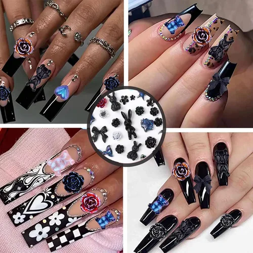 Miniatura 3 de COOSLIM 110 dijes de uñas 3D para uñas acrílicas, flor de camelia, rosa, mariposa, lazo, corazón, oso, conejo, estrella, para diseños de uñas, Negro