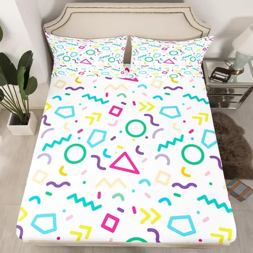 Miniatura 20 de Manfei Memphis - Juego de sábanas bajeras de tamaño Queen, estilo retro de los años 80 o 90, 3 piezas para niños, funda de cama abstracta geométrica
