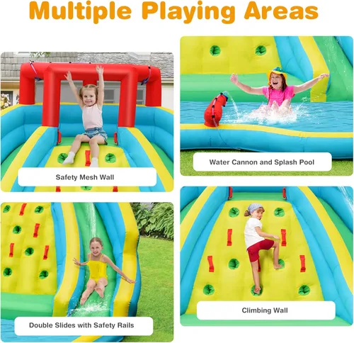Miniatura 3 de KOTEK Tobogán acuático inflable, parque acuático gigante inflable con piscina grande para salpicaduras, 2 toboganes, pared de escalada y manguera
