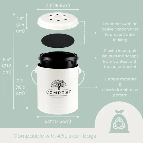 Miniatura 2 de Perfnique Contenedor de compost de cocina, contenedor de compostaje para encimera de 1.3 galones con tapa, cubo de compost interior incluye forro