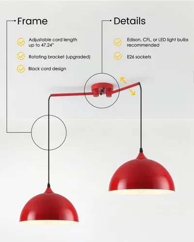 Miniatura 3 de Luces colgantes para isla de cocina, 2 luces, lámpara colgante de cúpula roja, moderna lámpara de comedor, iluminación de isla de cocina, luces Rojo