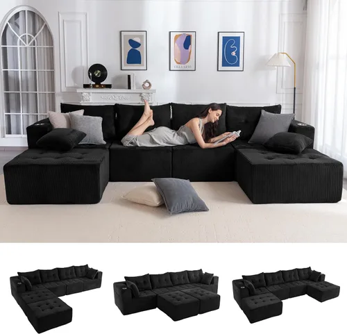Miniatura 10 de MAXYOYO Sofá modular, moderno en forma de U con 2 otomanas, sofá en una caja, silla copetuda de 6 asientos sin hueso para sala de estar, no requiere