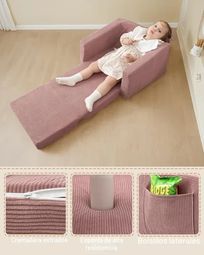 Miniatura 4 de Silla para bebés y niños, sofás blandos para bebés de 2 en 1 que se despliegan, sillas para bebés cómodas de 1 a 3 años, sofá convertible para Rosa