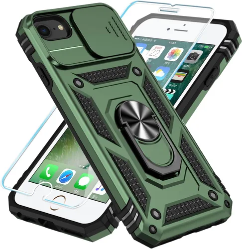 SunStory Compatible con iPhone SE 2022/2020/3ª/2ª / 6/7/8 Funda con protector de pantalla HD y cubierta deslizante para la cámara y soporte, [grado