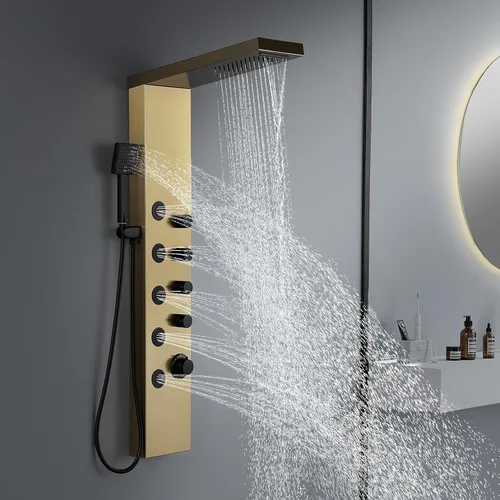 Miniatura 12 de ROVATE Sistema de panel de ducha tipo cascada, torre de ducha de acero inoxidable 304 con 5 chorros de masaje de cuerpo de lluvia y 3