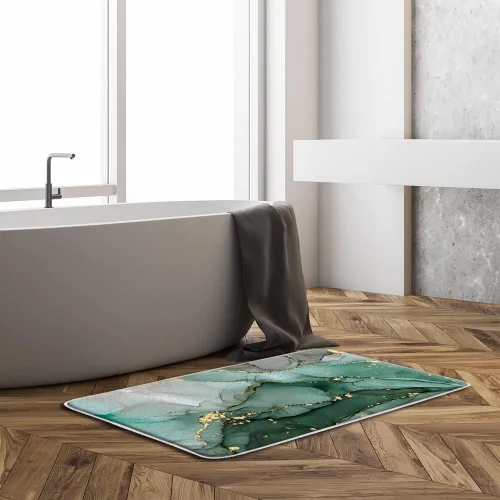 Miniatura 2 de Tapete de baño de mármol verde dorado con líneas abstractas de purpurina en tinta de textura degradada, acuarela, arte moderno de lujo, tapete