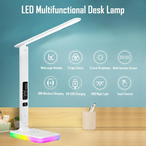 Miniatura 2 de Lámpara de escritorio LED con carga inalámbrica y por cable, luz de mesa plegable, 5 modos de brillo y 3 modos de iluminación, pantalla de tiempo