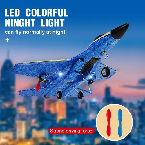Miniatura 7 de Avión RC Su-27 Fremego de 2,4GHz 2 canales con control remoto, luces nocturnas de giro y 2 baterías, fácil de volar para adultos, principiantes