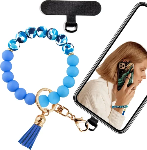 Miniatura 11 de Correa de muñeca de teléfono con cuentas de silicona, pulsera para teléfono con lengüeta de sujeción, pulsera manos libres para iPhone (negro)