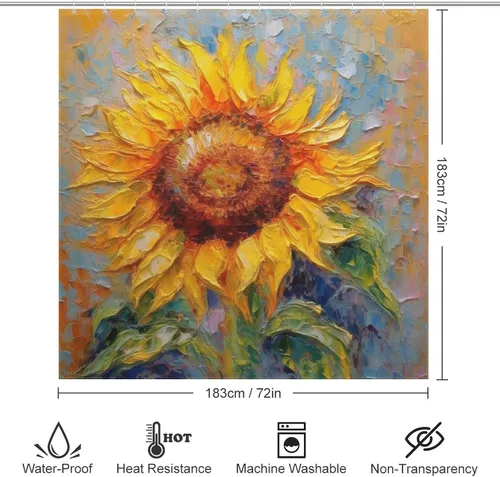 Miniatura 6 de YLATY2395 - Cortina de ducha de girasol para baño, pintura al óleo, hojas verdes, flores, bohemio, tela amarilla abstracta, moderna, impermeable