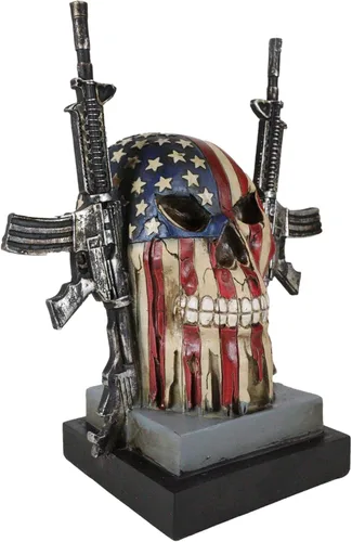 Ebros Gift Bandera patriótica de Estados Unidos con estrella de Estados Unidos, calavera con 2 rifles de pistola, figura decorativa, macabra