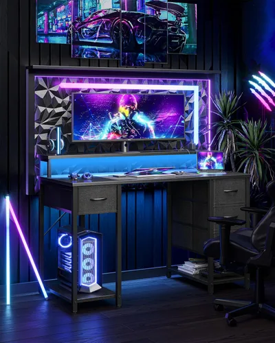Miniatura 6 de TIQLAB Computer Desk with 4 Drawers & LED Lights, 47 Inch Gaming Desk with Monitor Stand & Power Outlets, Home Office Desk with Large Storage Space