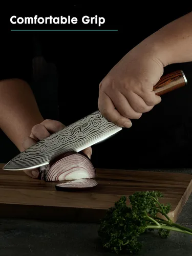 Miniatura 8 de Astercook Cuchillo de chef, cuchillo de cocina profesional de 8 pulgadas, cuchillo ultra afilado de acero inoxidable alemán de alto carbono, 2-Madera