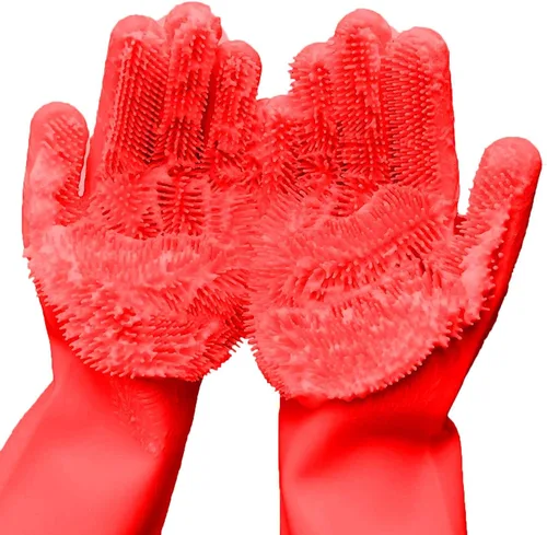 Miniatura 4 de Guantes de silicona para lavar platos, guantes de goma para el aseo de mascotas para fregar platos, lavado con esponja con estropajos