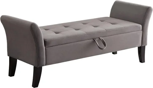 Miniatura 11 de Banco otomano tapizado de tela de terciopelo de 51.5 pulgadas con almacenamiento y brazos, asiento acolchado con patas de madera maciza, asiento