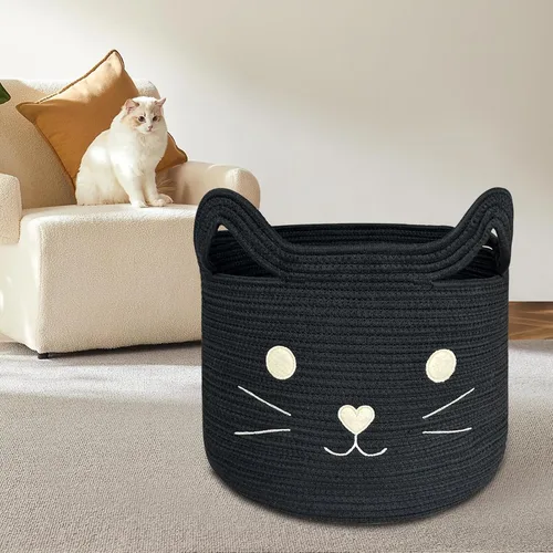 Miniatura 9 de VK VK·LIVING Cesta Grande de Juguetes para Gatos con Asas 15" L x 14" H Caja de Juguetes de Cuerda de Algodón con Diseño de Gato Negro, Cesta