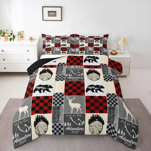 Miniatura 70 de Juego de edredón de oso y ciervo, tamaño individual, ropa de cama de animales salvajes de caza, colcha rústica de cabaña, casa de campo, cuadros