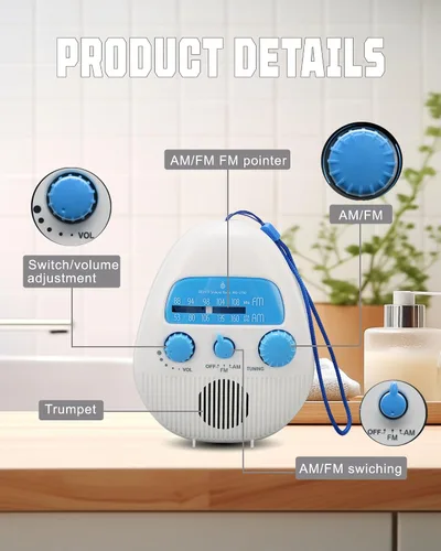 Miniatura 5 de Radio de ducha, radio AM/FM portátil con grandes perillas giratorias para una fácil sintonización, a prueba de salpicaduras para baño, cocina, al