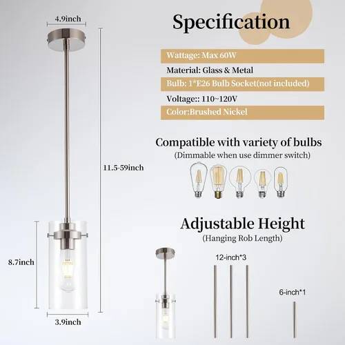 Miniatura 3 de Lámpara colgante, luces de cocina colgantes de techo, accesorios de iluminación de cocina con acabado de níquel cepillado, iluminación colgante