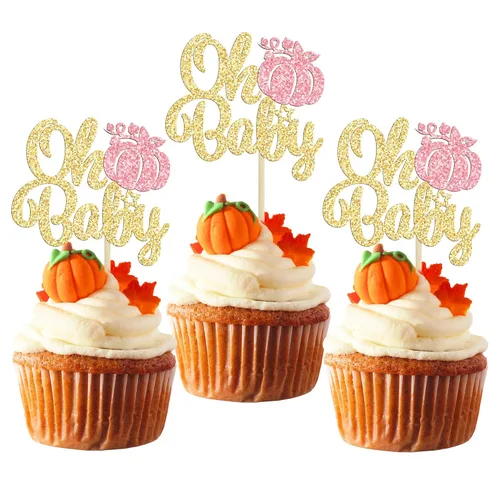 Miniatura 23 de Gyufise 24 piezas de decoración de cupcakes de calabaza con purpurina para temática de otoño, Acción de Gracias, Halloween, baby shower, niños