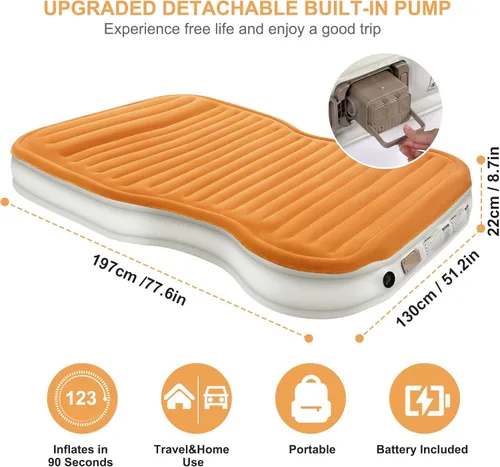 Miniatura 2 de KMZ Colchón de aire SUV con bomba incorporada y 2 almohadas, PVC flocado grueso, cama de aire de inflado rápido de 90 segundos, cama de aire Naranja