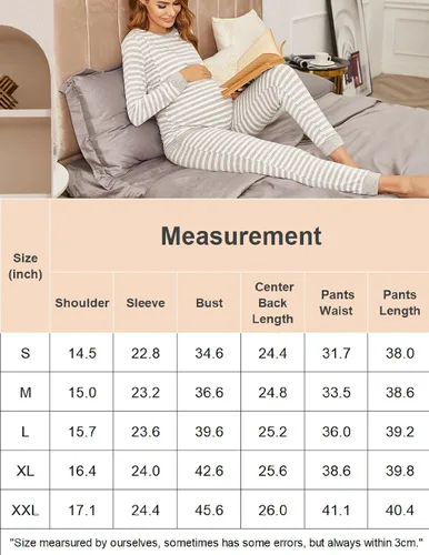 Miniatura 6 de Ekouaer Conjunto de ropa interior térmica de maternidad y lactancia, conjunto de pantalones largos de punto a rayas, capa base superior e inferior