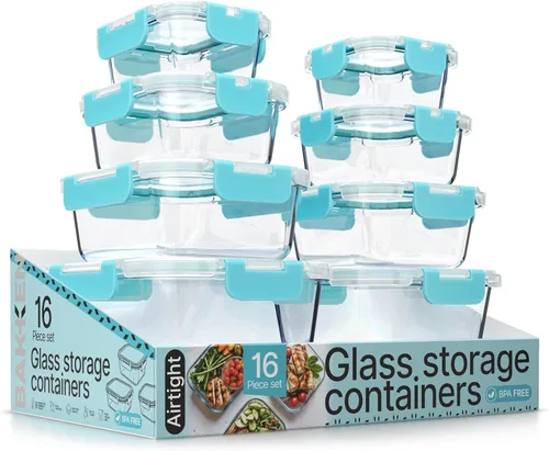 Bakken - Recipientes de vidrio de borosilicato para almacenamiento de alimentos con tapas, 16 piezas, apilables sin BPA, recipientes para almuerzo y