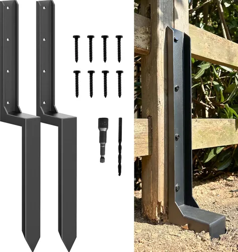 Miniatura 9 de Kit de reparación de postes de valla – Anclaje de acero grueso calibre 11 y estacas para fijar soporte de poste de madera roto/inclinado 4x4/6x6