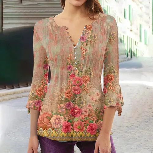 Miniatura 2 de Trompeta 34 Manga Tank Tops Mujer Floral Tie Dye Blusa Camisa básica fruncido corsé túnica plisado botón ropa