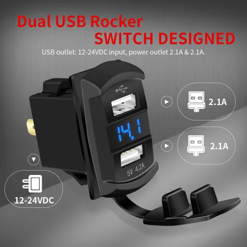 Miniatura 2 de DaierTek Interruptor de palanca USB marino 12V con 2 puertos de carga 4.2A, impermeable, con salida de enchufe y voltímetro digital LED azul