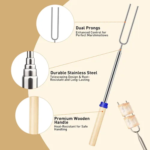Miniatura 3 de Smores Sticks para hoguera, palos para asar malvaviscos de 32 pulgadas, tenedores extensibles de acero inoxidable con asas de madera, kit de 8