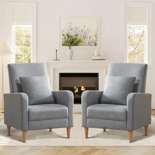 Miniatura 8 de COLAMY Mid-Century - Silla decorativa tapizada moderna con almohada trasera y patas de madera maciza, sillón acogedor de tela para sala de estar
